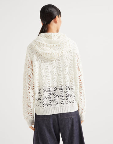 Brunello Cucinelli Foliage lace hooded cardigan in linen and silk diamond yarn