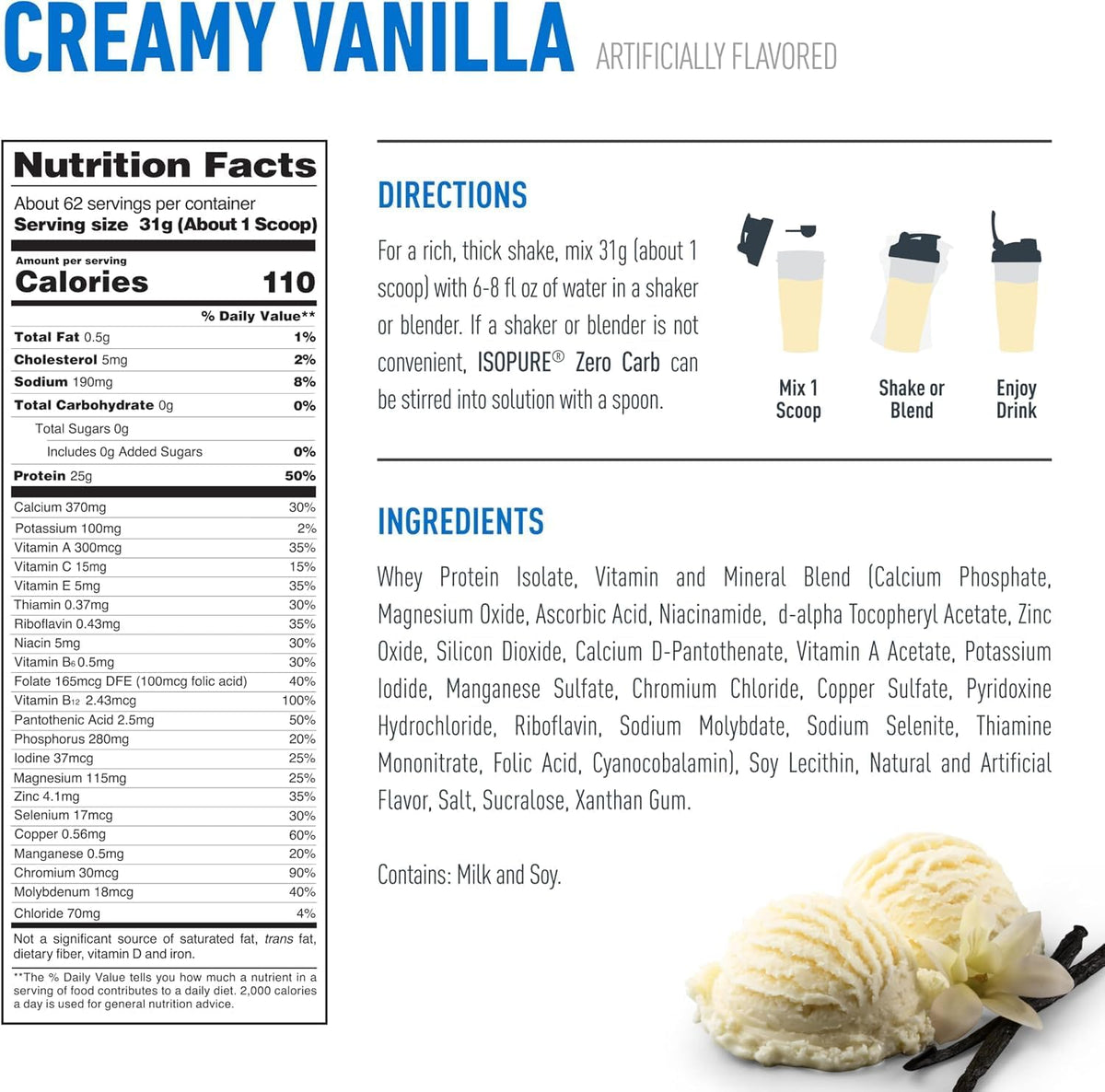 Isopure Low Carb 100% Pure Whey Isolate Protein Powder | 25g Protein, Lactose Free, Gluten Free, Sugar Free | 62 Servings, 4.23LB (Creamy Vanilla)