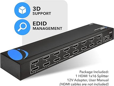 Orei 1x16 HDMI Splitter 16 Ports Professional HDMI Powered for Full HD 1080P & 3D Support - HD-1016