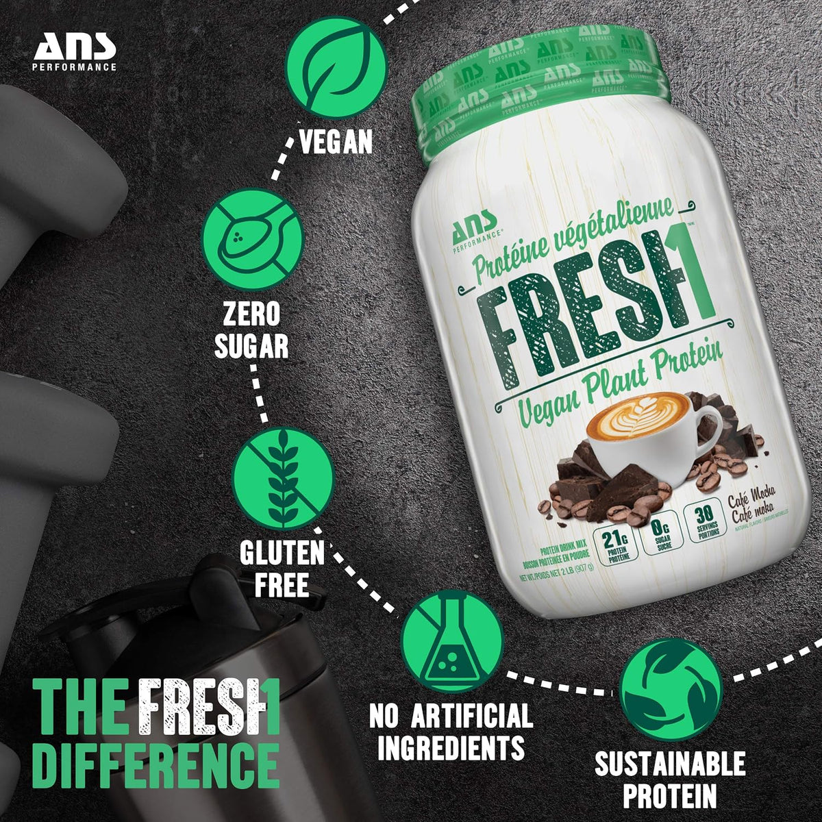 ANS Fresh1 Vegan Powder, 30 Servings, 32 Oz, Plant-Based, Zero Sugar, Blend