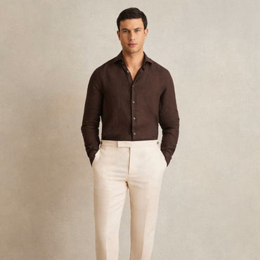 Reiss Ruban Linen Button-Through Shirt in Dark Brown