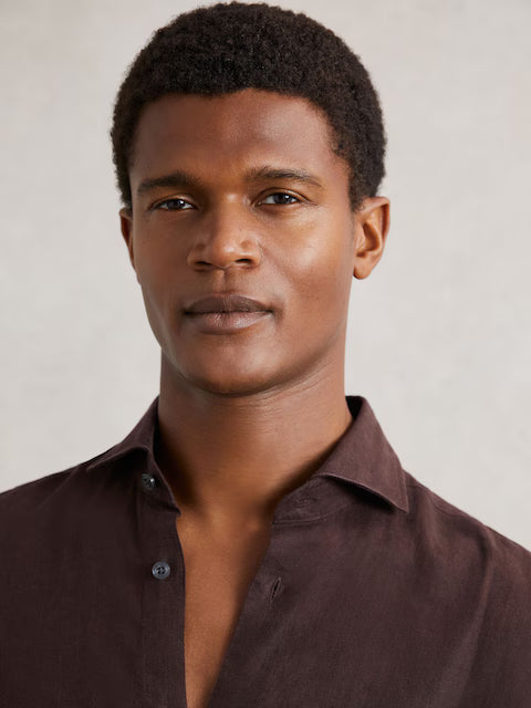 Reiss Ruban Linen Button-Through Shirt in Dark Brown