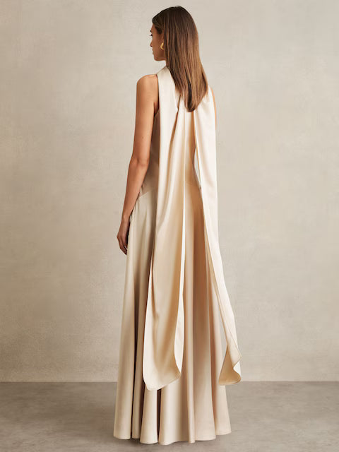 Reiss Fae Satin Cape Maxi Dress in Champagne