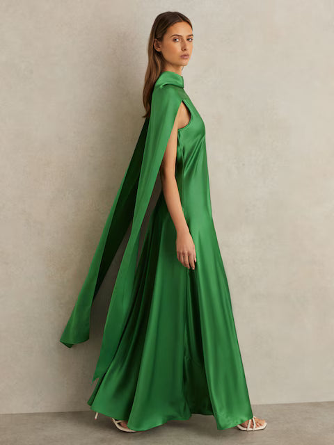 Reiss Fae Satin Cape Maxi Dress in Green