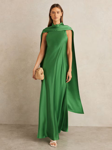 Reiss Fae Satin Cape Maxi Dress in Green