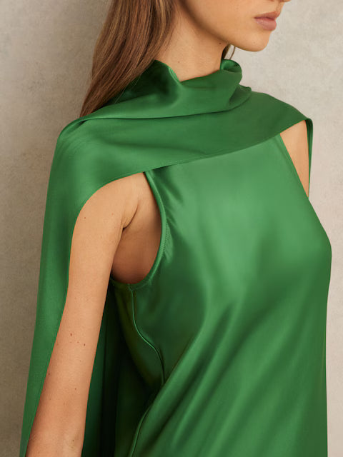 Reiss Fae Satin Cape Maxi Dress in Green