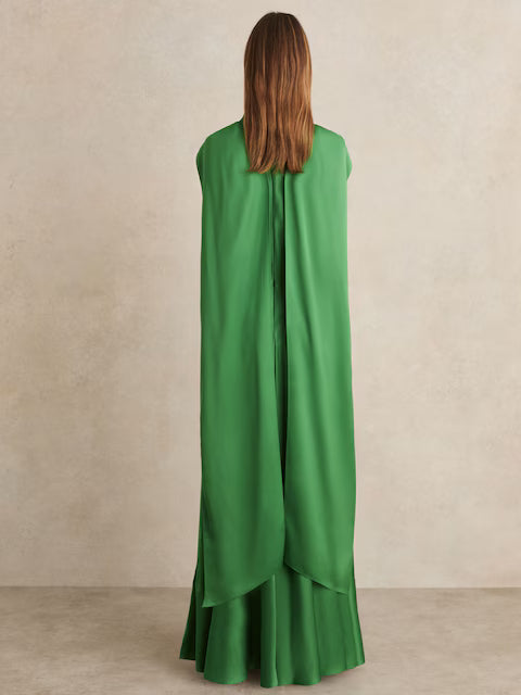 Reiss Fae Satin Cape Maxi Dress in Green