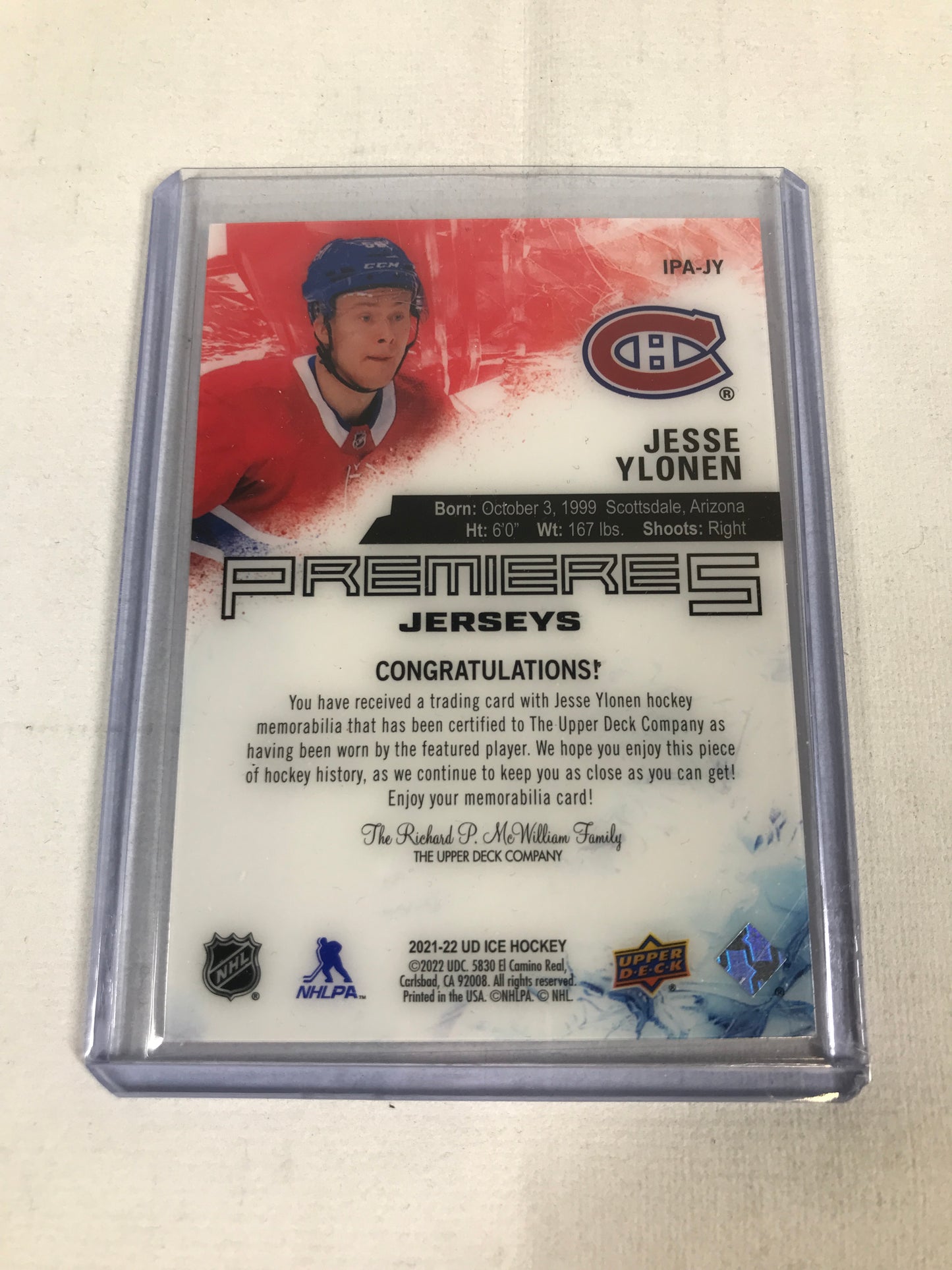 Upper Deck NHL Jesse Ylonen Hockey Memorabilia 2021-22