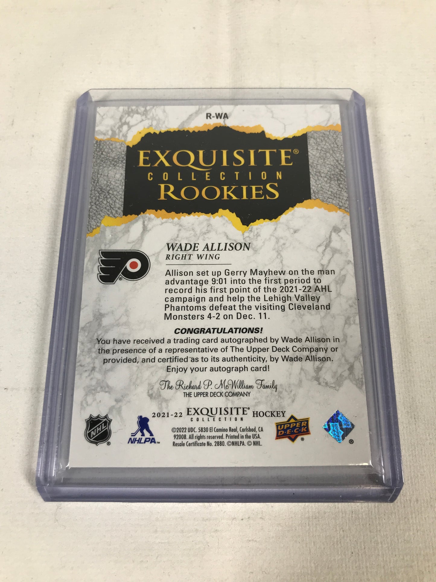Upper Deck NHL Signed Wade Allison Exquisite Collection Rookies