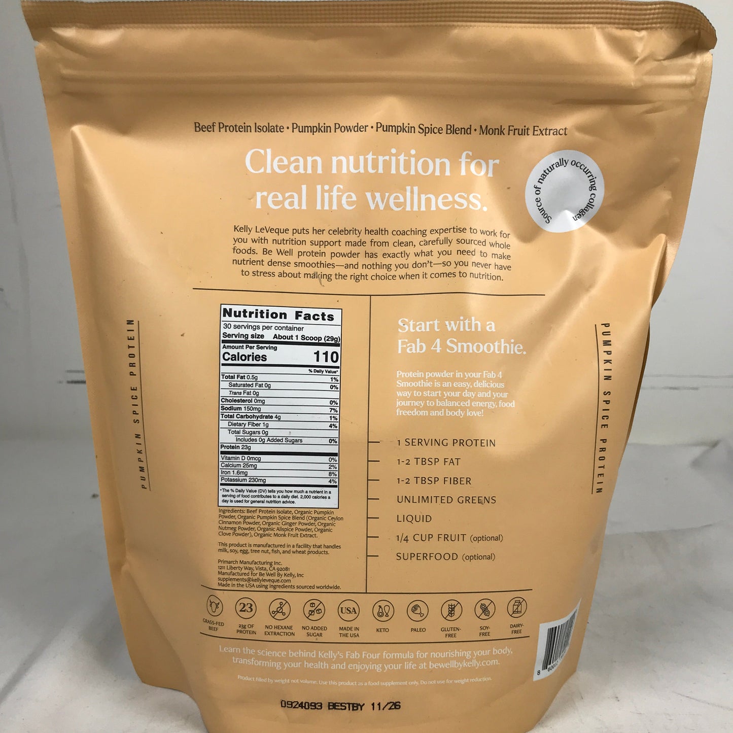 Be Well by Kelly Leveque Pumpkin Spice Grass-Fed Beef Protein Powder 1.59lb