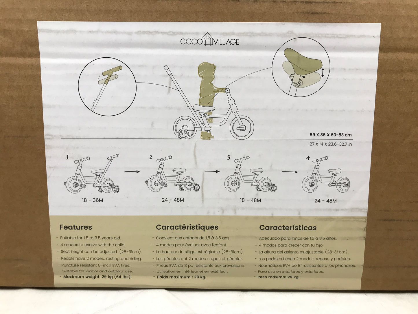 Coco Village 4in1 Tricycle w Push Handle Wheels Sable