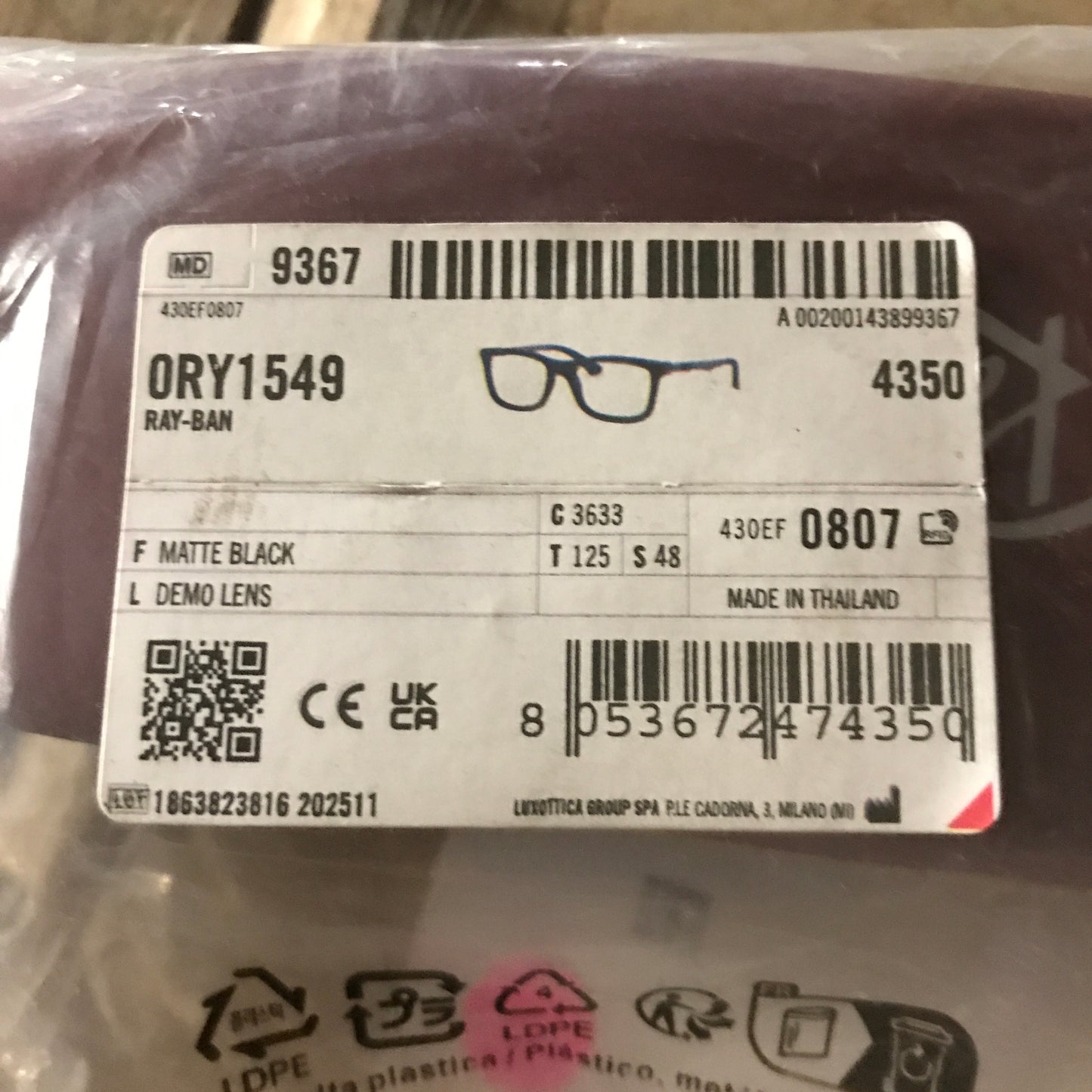 Ray Ban RB1549 Optics Kids Glasses - Matte Black Frames