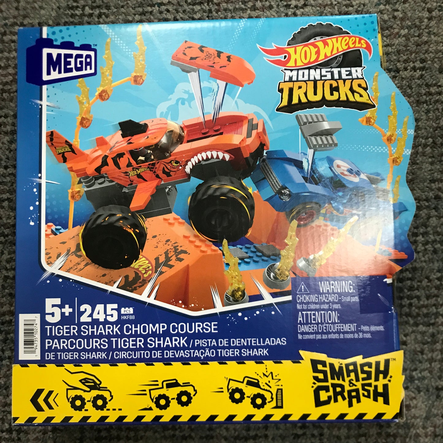 MEGA Hot Wheels Monster Trucks Toy Building Set, Smash & Crash Tiger Shark Chomp Course with 245 Pieces,