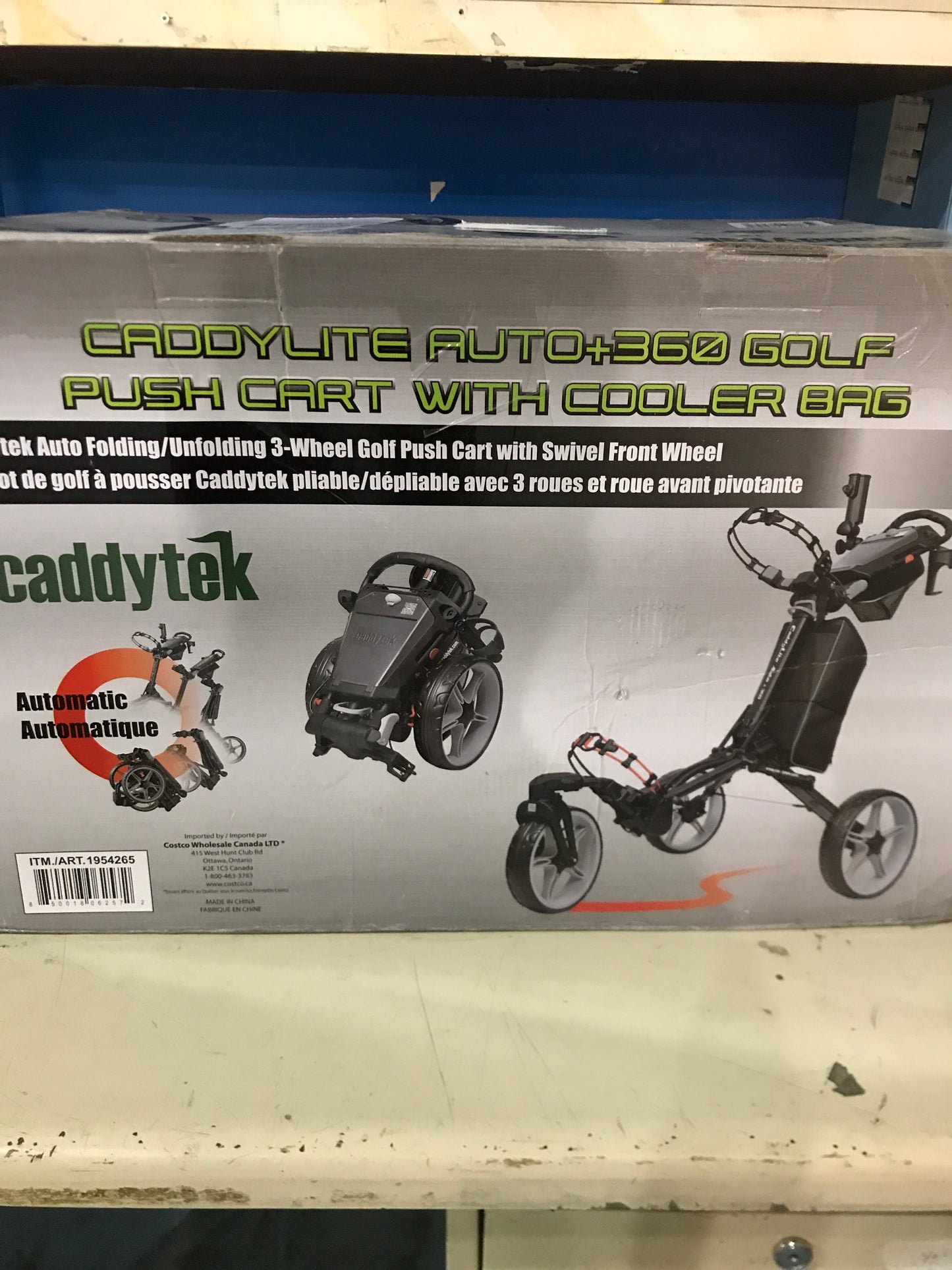 Caddytek - Auto fold/unfold Compact 3 Wheel Golf Push Cart with Cooler Bag