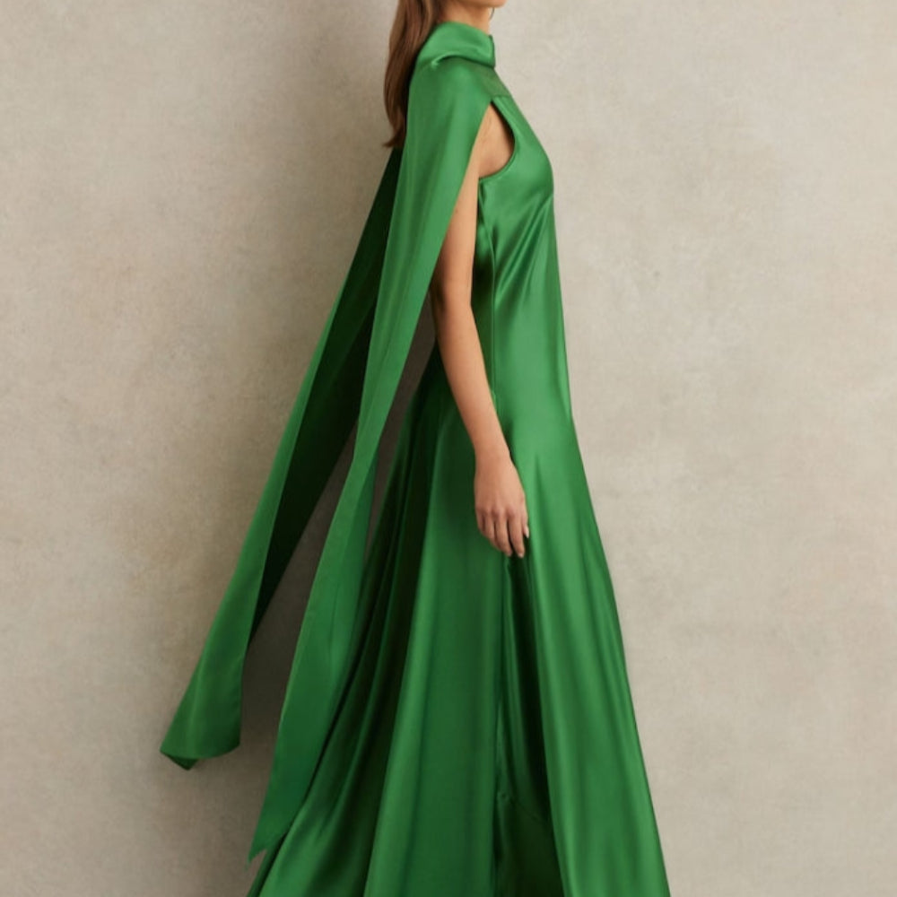 Reiss Fae Satin Cape Maxi Dress in Green