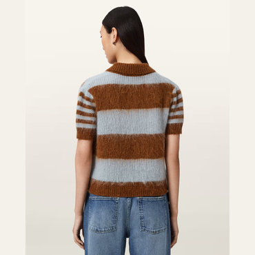 AllSaints Clem Wool Blend Polo - Steel Blue/Cognac