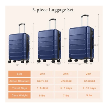 Alvantor 3-Piece Expandable Hardside Luggage Set with Spinner Wheels - 20"/24"/28"