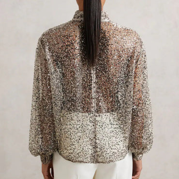Reiss Sienna High-Neck Embellished Top in Silver