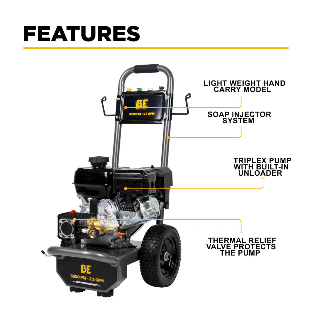 BE Power Equipment 3800 PSI 2.5 GPM Cold Water Gas Pressure Washer - PICK UP ONLY