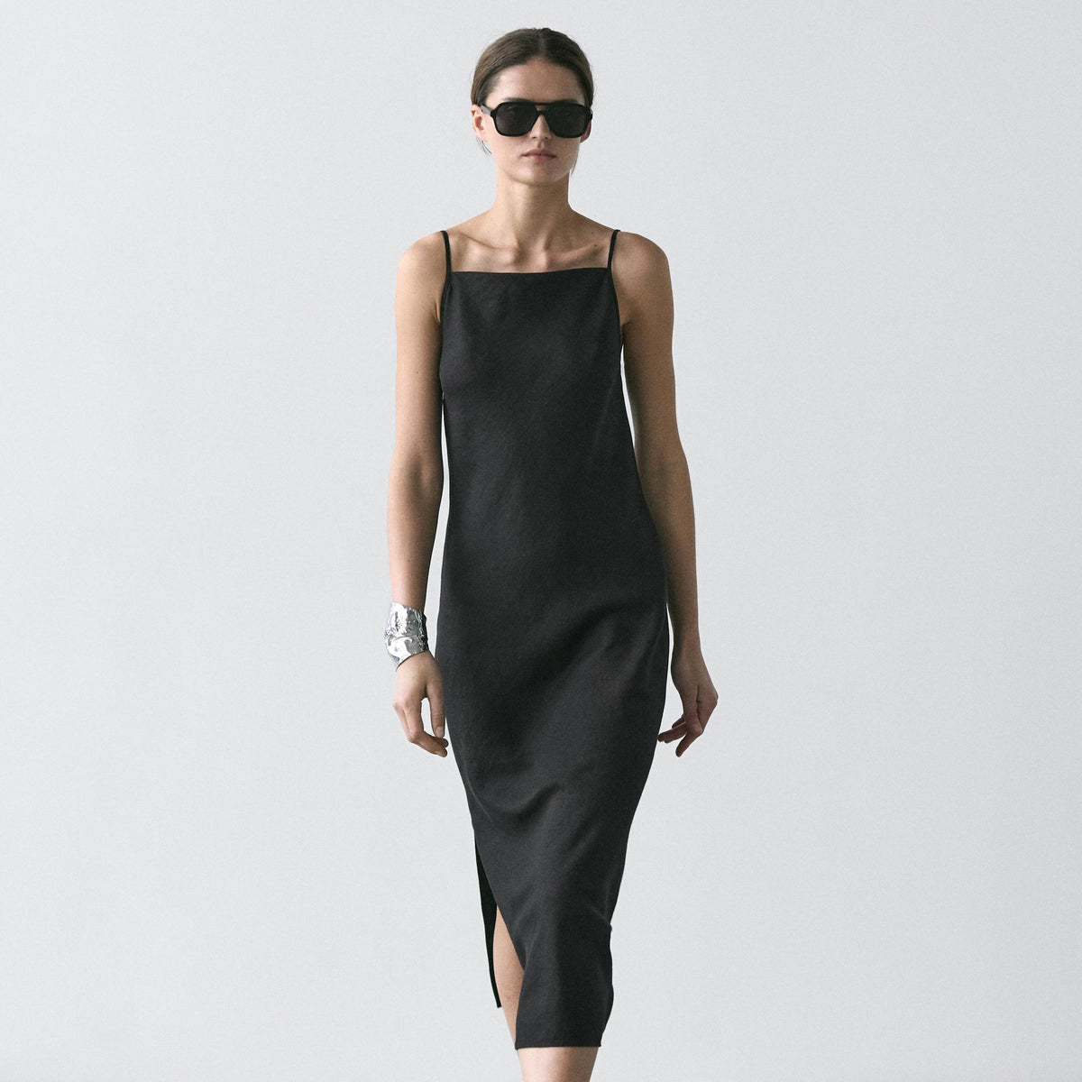 Massimo Dutti 100% Linen Midi Dress - Black