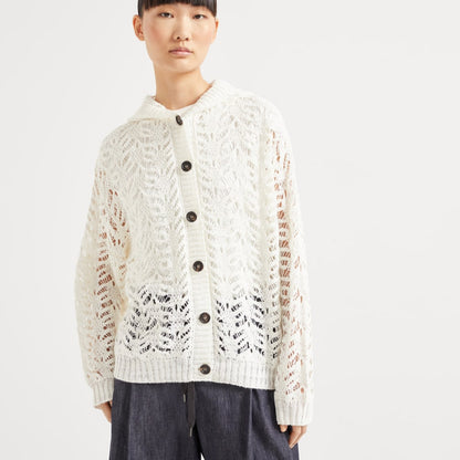 Brunello Cucinelli Foliage lace hooded cardigan in linen and silk diamond yarn