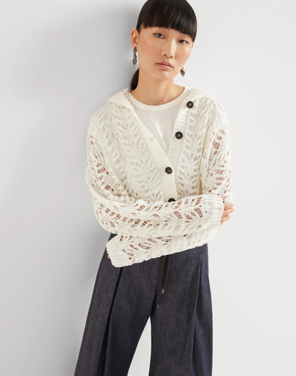 Brunello Cucinelli Foliage lace hooded cardigan in linen and silk diamond yarn