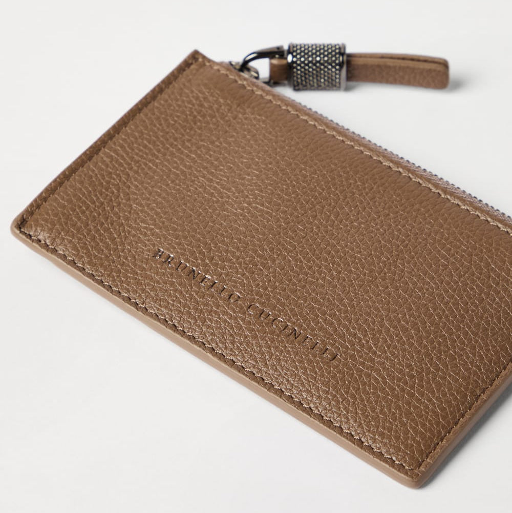 Brunello Cucinelli Grained leather card case with shiny zipper pull