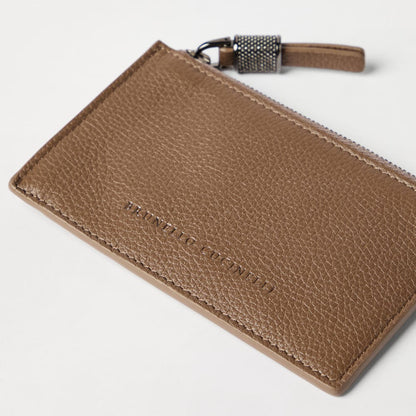 Brunello Cucinelli Grained leather card case with shiny zipper pull