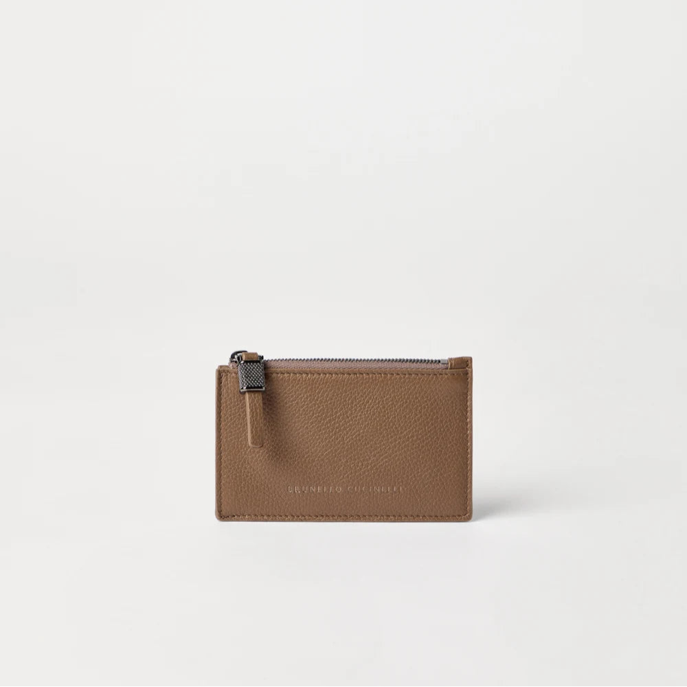 Brunello Cucinelli Grained leather card case with shiny zipper pull