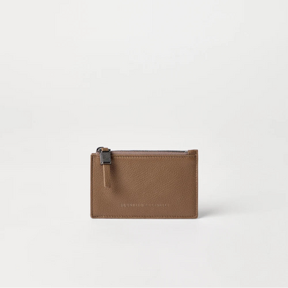 Brunello Cucinelli Grained leather card case with shiny zipper pull