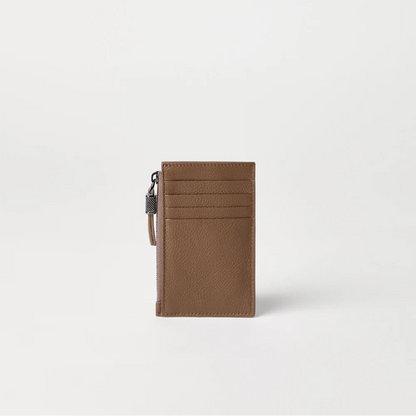 Brunello Cucinelli Grained leather card case with shiny zipper pull