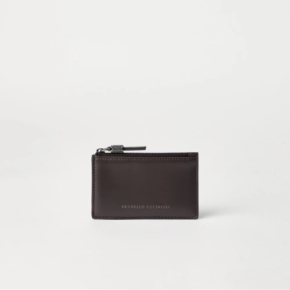 Brunello Cucinelli Calfskin card case with shiny zipper pull