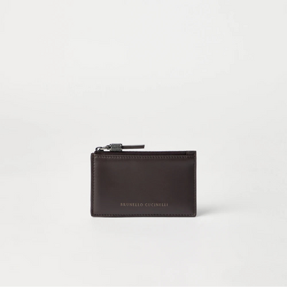 Brunello Cucinelli Calfskin card case with shiny zipper pull