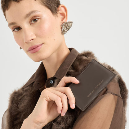 Brunello Cucinelli Calfskin card case with shiny zipper pull