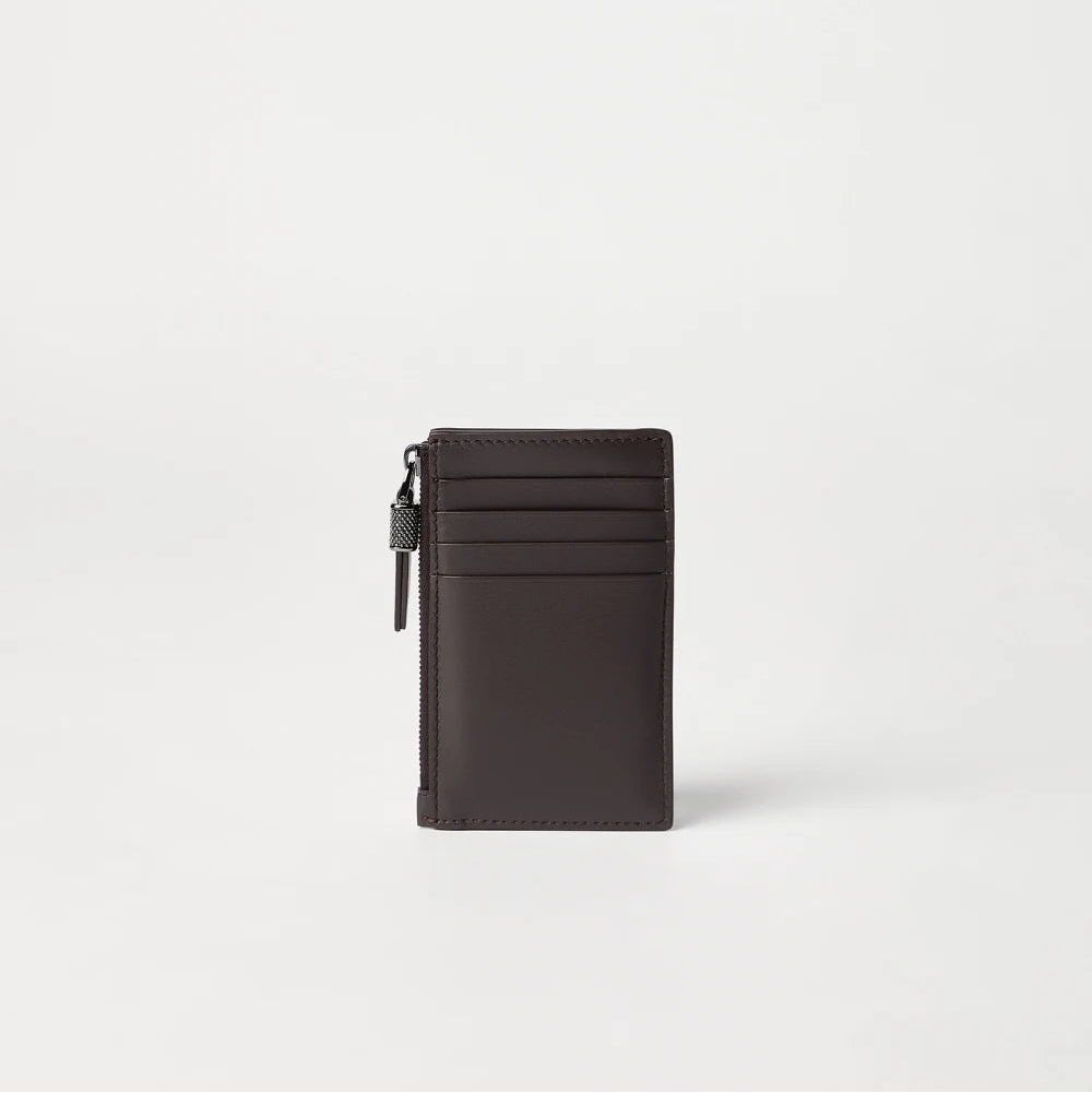 Brunello Cucinelli Calfskin card case with shiny zipper pull