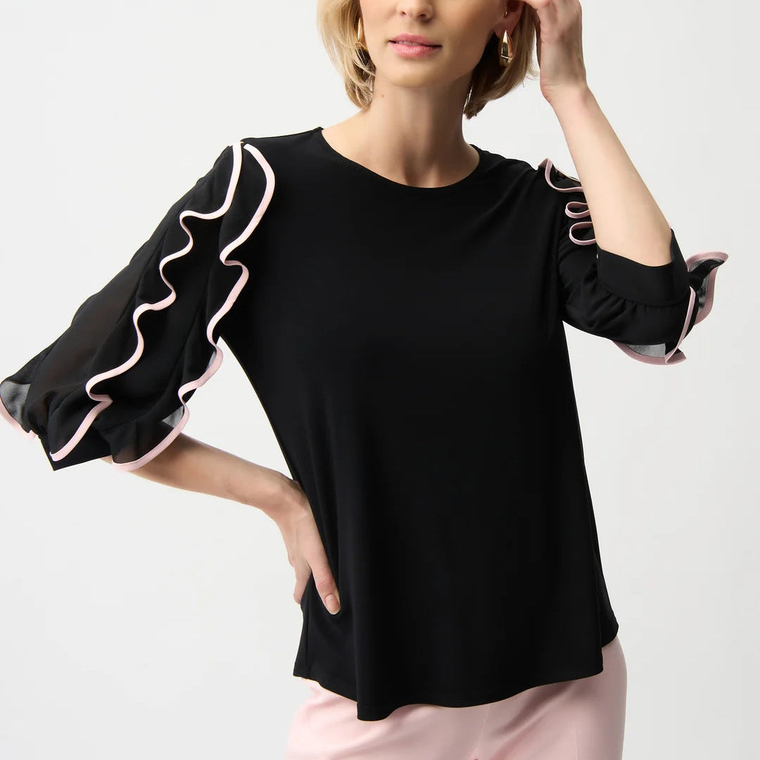 Joseph Ribkoff Hip-Length Ruffled Sleeve Top - Black/Pink