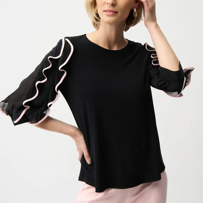 Joseph Ribkoff Hip-Length Ruffled Sleeve Top - Black/Pink