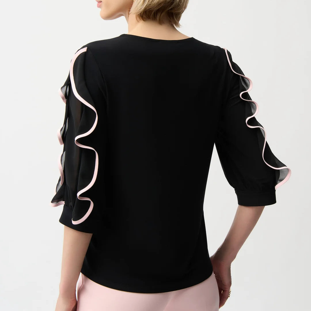 Joseph Ribkoff Hip-Length Ruffled Sleeve Top - Black/Pink