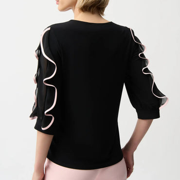 Joseph Ribkoff Hip-Length Ruffled Sleeve Top - Black/Pink