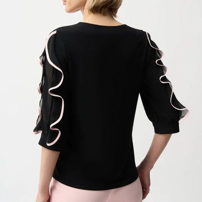 Joseph Ribkoff Hip-Length Ruffled Sleeve Top - Black/Pink