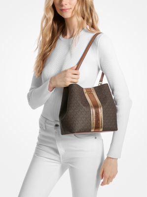 Michael Kors Pratt Medium Signature Logo and Metallic Shoulder Bag