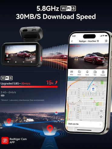 Redtiger ViewClear-70 4K Dual HDR 5.8Ghz WiFi-6 Super Night Vision Dual Dash Cam