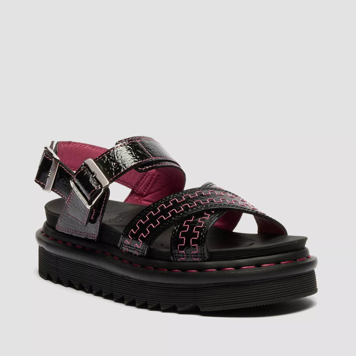 Dr. Martens Voss II Distressed Patent Leather Sandals - Black