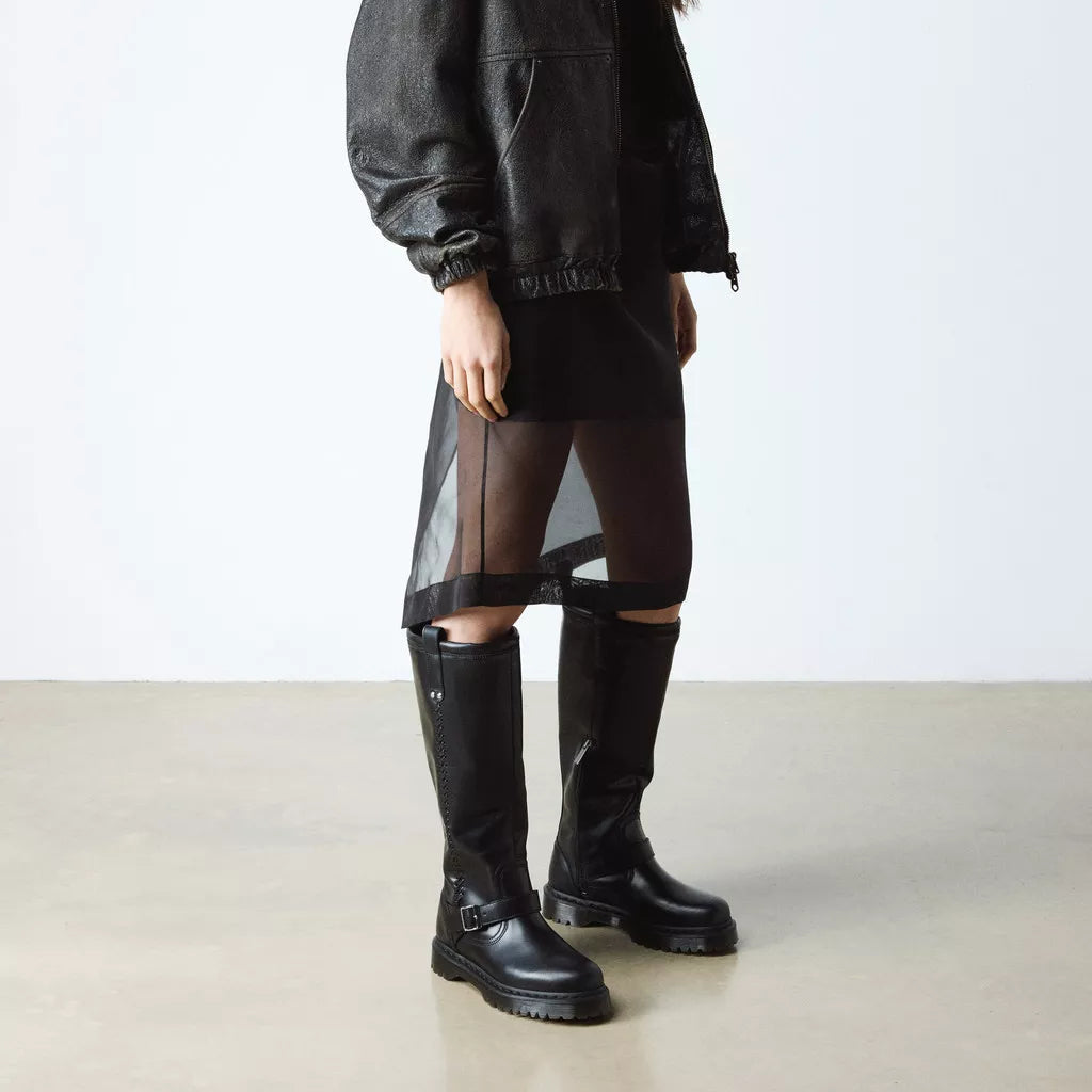 Dr. Martens Anistone Knee High Orleans Leather Biker Boots - Black