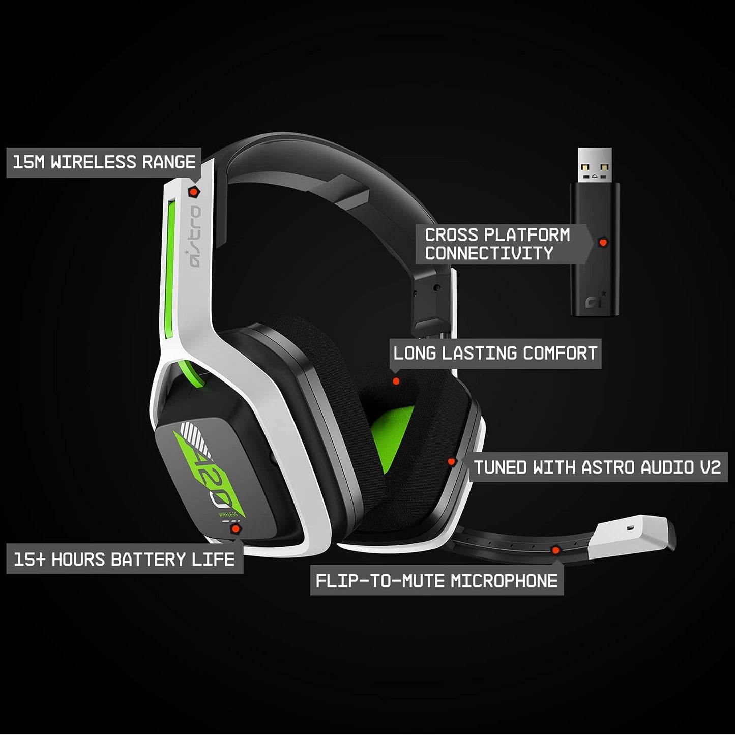 ASTRO Gaming A20 Wireless Headset Gen 2 for Xbox Series X|S, Xbox One, PC & Mac - White/Green