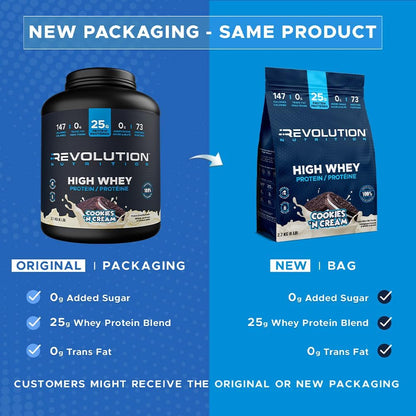 Revolution Nutrition, High Whey, Protein Powder 5LB Bag, Whey Protein, Gluten Free, 25g of Protein Per Scoop, 2.7kg, 73 Servings (Cookies & Cream, 5 Pound Bag)