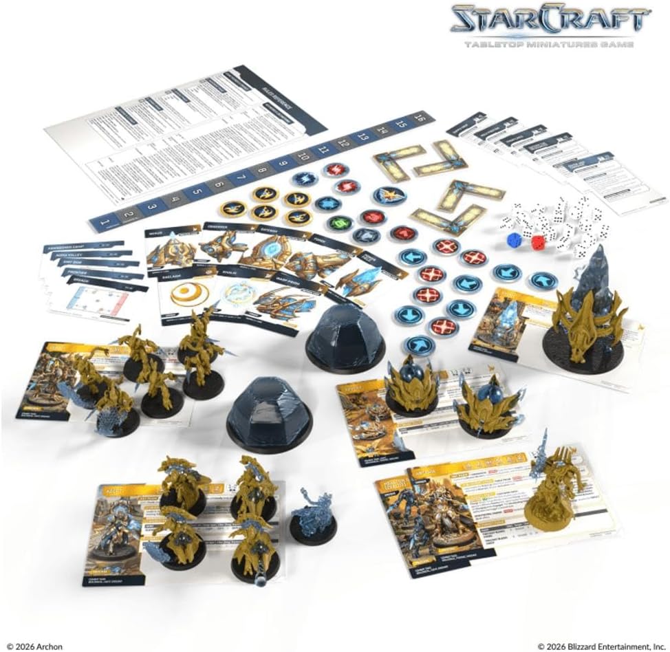 Archon Studio Starcraft: The Miniatures Game – Protoss Starter Set Founders Edition, Unpainted Miniatures, Dice, Cards and Tokens,