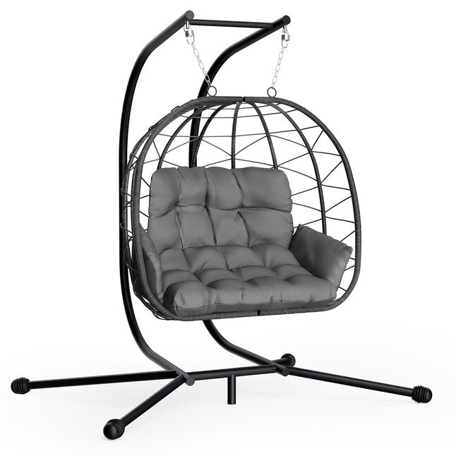 PamaPic Swing Chair Rattan Black Iron Frame Hanging Egg Chair with Gray Cushioned Seat