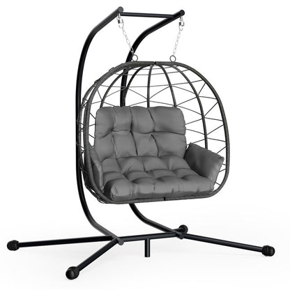PamaPic Swing Chair Rattan Black Iron Frame Hanging Egg Chair with Gray Cushioned Seat