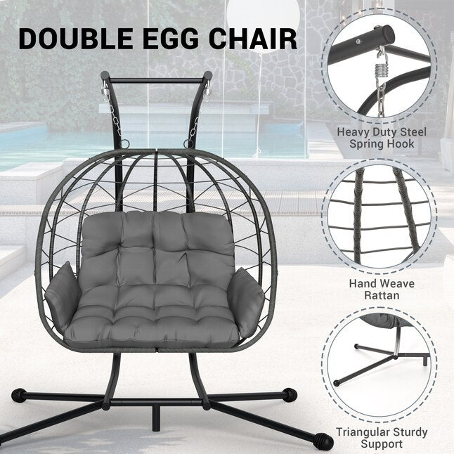 PamaPic Swing Chair Rattan Black Iron Frame Hanging Egg Chair with Gray Cushioned Seat